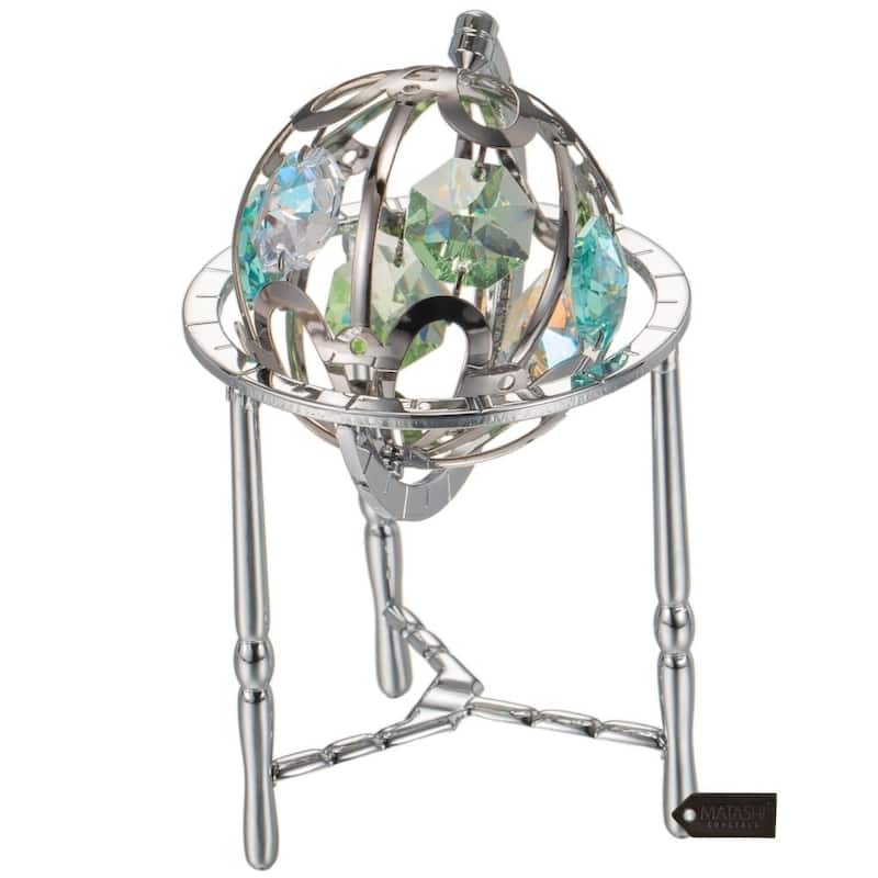 Matashi Home Decorative Tabletop Showpiece Chrome Plated Crystal Studded Silver Spinning Globe Ornament with Colored Crystals