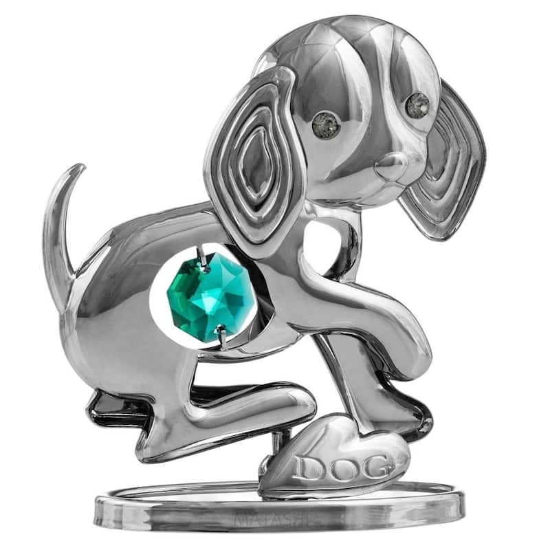 Matashi Home Decorative Tabletop Showpiece Chrome Plated Silver Puppy Ornament with Green Crystal Elegant Metal Dog Figurine