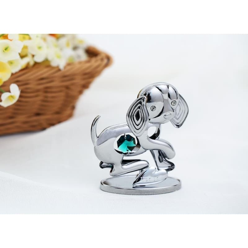 Matashi Home Decorative Tabletop Showpiece Chrome Plated Silver Puppy Ornament with Green Crystal Elegant Metal Dog Figurine