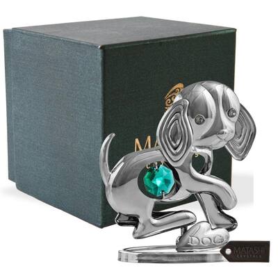 Matashi Home Decorative Tabletop Showpiece Chrome Plated Silver Puppy Ornament with Green Crystal Elegant Metal Dog Figurine