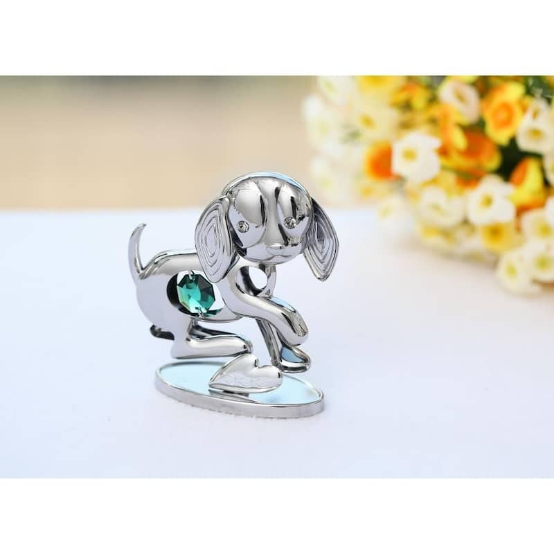 Matashi Home Decorative Tabletop Showpiece Chrome Plated Silver Puppy Ornament with Green Crystal Elegant Metal Dog Figurine