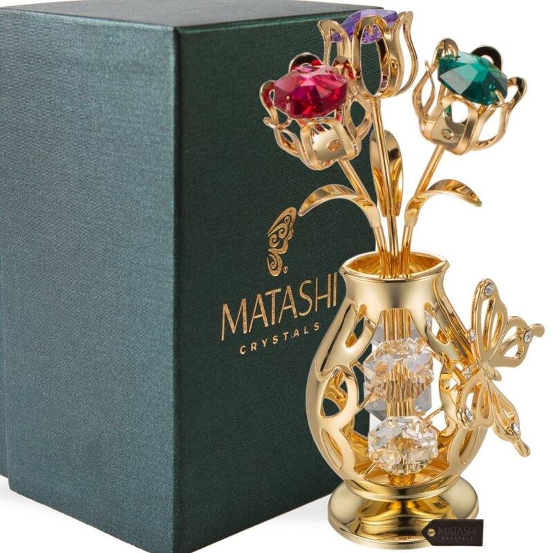 Matashi Home Decorative Tabletop Showpiece 24k Gold Plated Flowers Bouquet Vase with Colorful Crystals, Butterfly Figurine