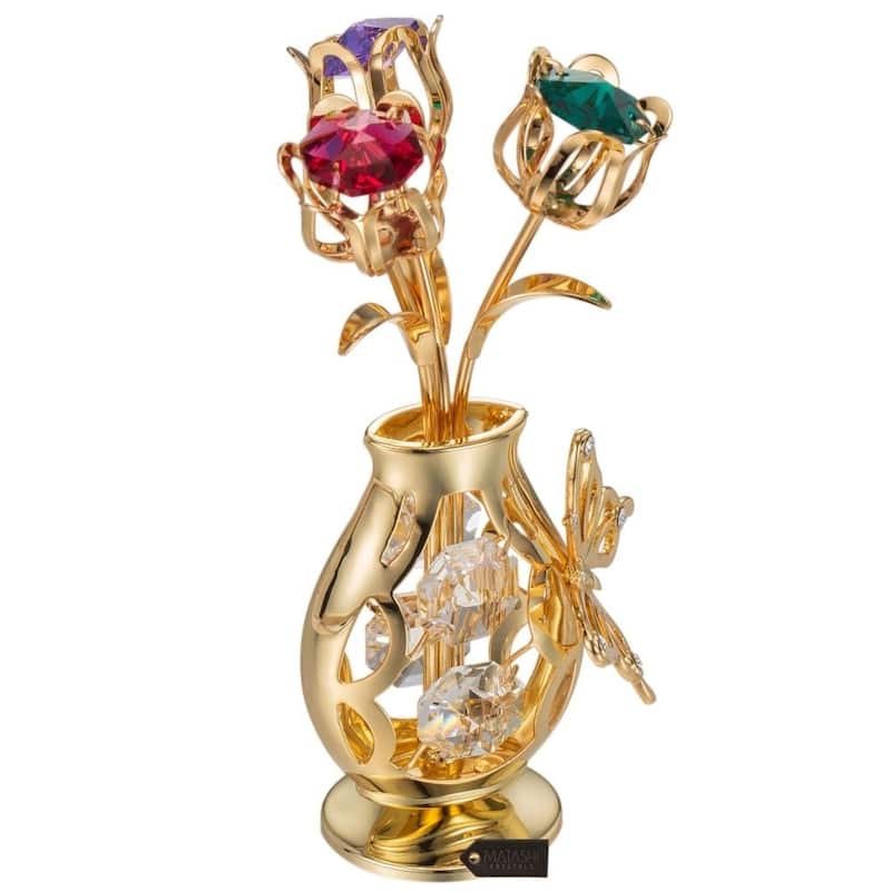 Matashi Home Decorative Tabletop Showpiece 24k Gold Plated Flowers Bouquet Vase with Colorful Crystals, Butterfly Figurine