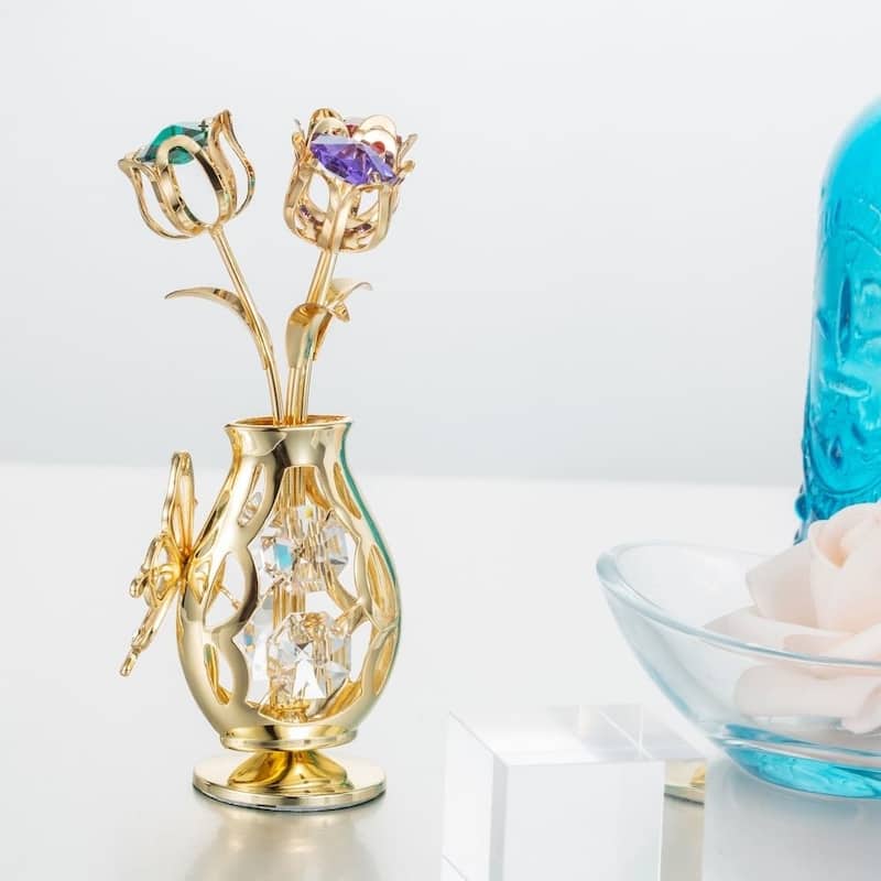 Matashi Home Decorative Tabletop Showpiece 24k Gold Plated Flowers Bouquet Vase with Colorful Crystals, Butterfly Figurine