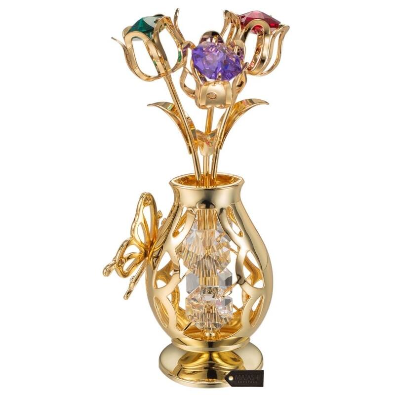 Matashi Home Decorative Tabletop Showpiece 24k Gold Plated Flowers Bouquet Vase with Colorful Crystals, Butterfly Figurine
