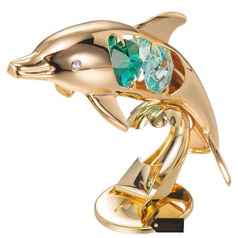 Matashi Home Decorative Tabletop Showpiece 24K Gold Plated Crystal Studded Dol phin Riding Wave Figurine Ornament