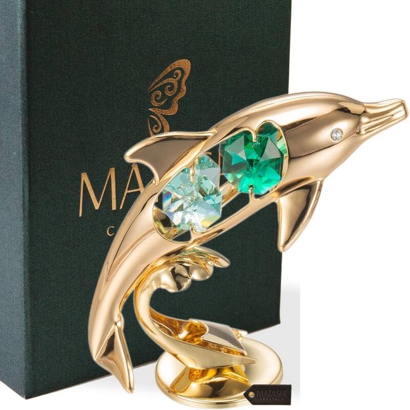 Matashi Home Decorative Tabletop Showpiece 24K Gold Plated Crystal Studded Dol phin Riding Wave Figurine Ornament