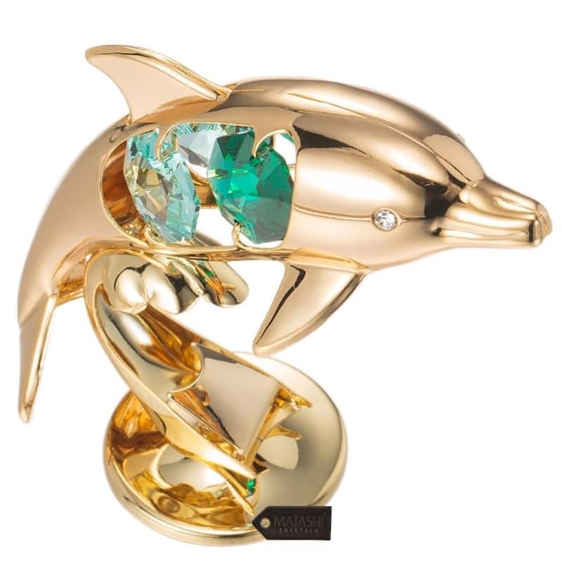 Matashi Home Decorative Tabletop Showpiece 24K Gold Plated Crystal Studded Dol phin Riding Wave Figurine Ornament