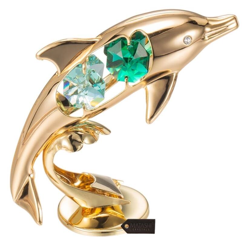 Matashi Home Decorative Tabletop Showpiece 24K Gold Plated Crystal Studded Dol phin Riding Wave Figurine Ornament