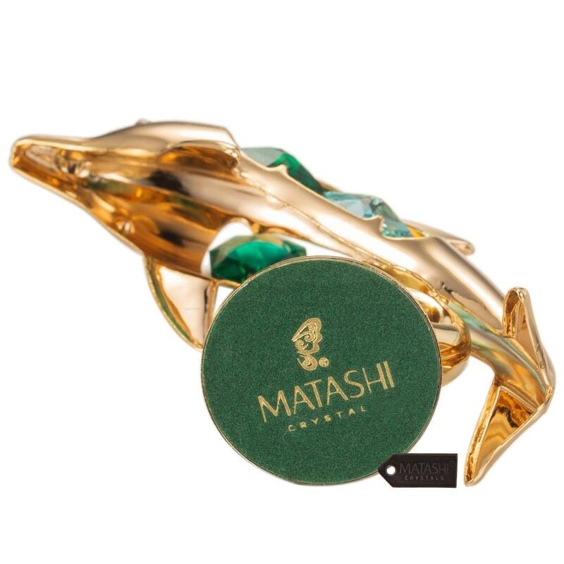 Matashi Home Decorative Tabletop Showpiece 24K Gold Plated Crystal Studded Dol phin Riding Wave Figurine Ornament