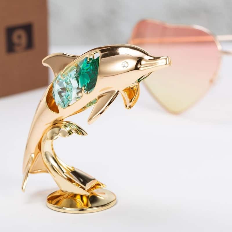 Matashi Home Decorative Tabletop Showpiece 24K Gold Plated Crystal Studded Dol phin Riding Wave Figurine Ornament