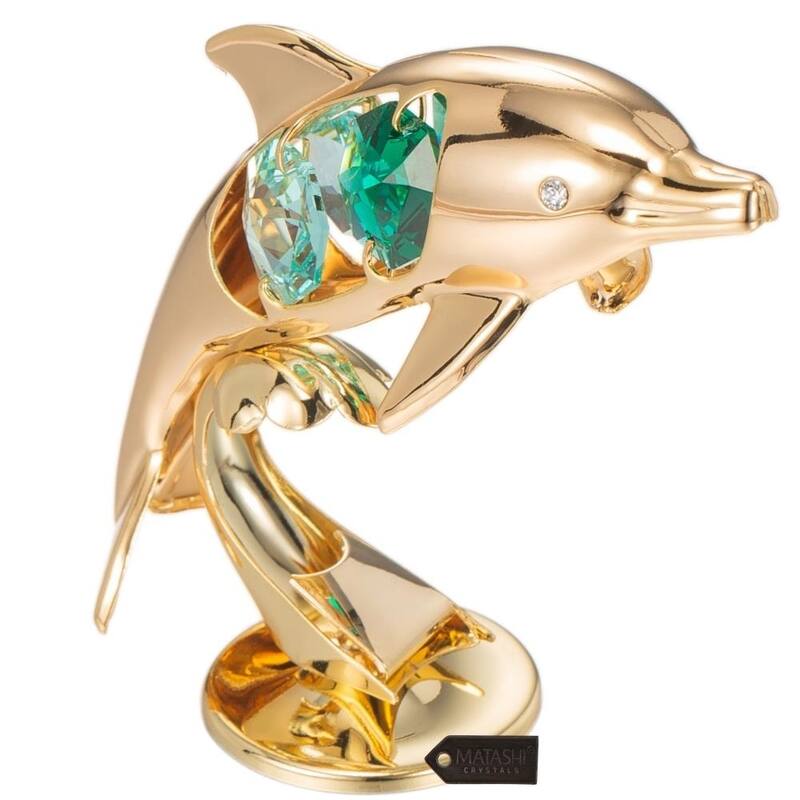 Matashi Home Decorative Tabletop Showpiece 24K Gold Plated Crystal Studded Dol phin Riding Wave Figurine Ornament