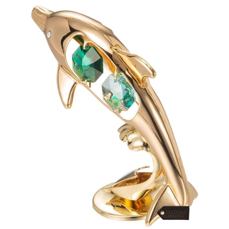 Matashi Home Decorative Tabletop Showpiece 24K Gold Plated Crystal Studded Dol phin Riding Wave Figurine Ornament