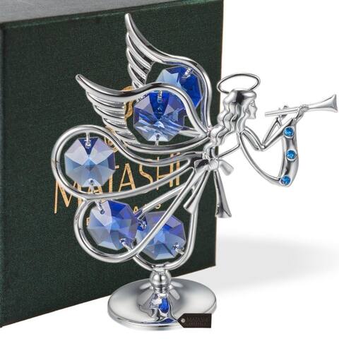 Matashi Home Decorative Tabletop Showpiece Chrome Plated Crystal Studded Silver Flying Angel Playing A Trumpet Figurine Ornament