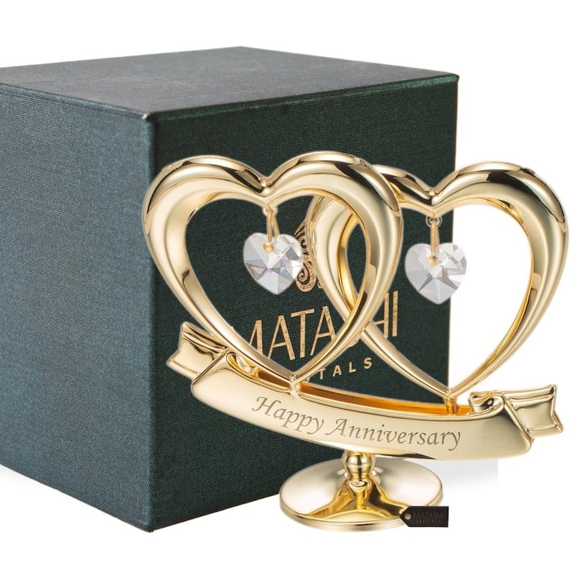 Matashi Home Decorative Tabletop Showpiece 24K Gold Plated Crystal Studded Double Heart Happy Anniversary Banner Ornament
