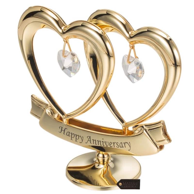 Matashi Home Decorative Tabletop Showpiece 24K Gold Plated Crystal Studded Double Heart Happy Anniversary Banner Ornament