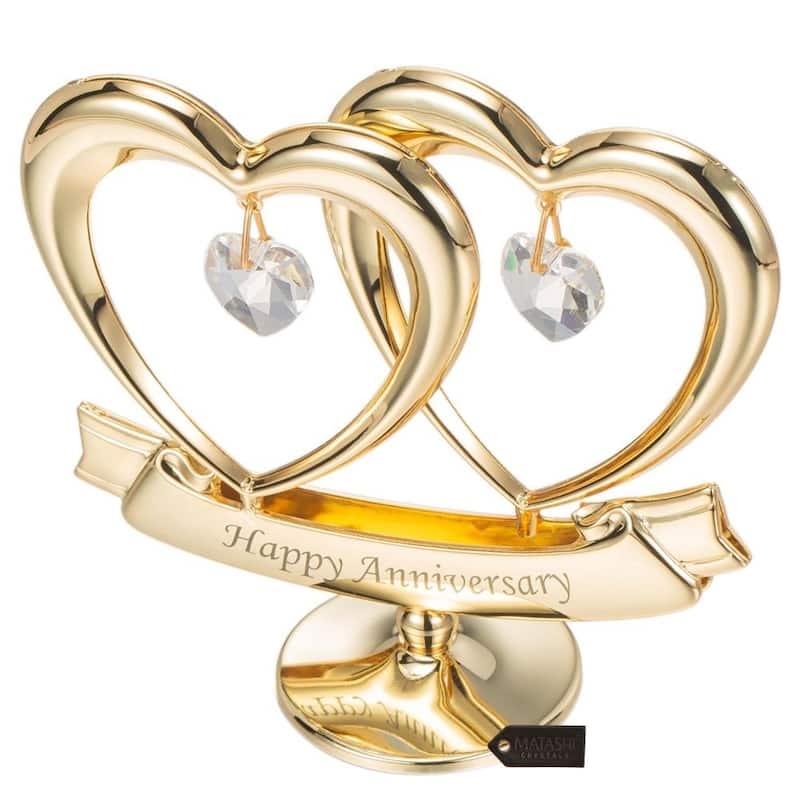Matashi Home Decorative Tabletop Showpiece 24K Gold Plated Crystal Studded Double Heart Happy Anniversary Banner Ornament