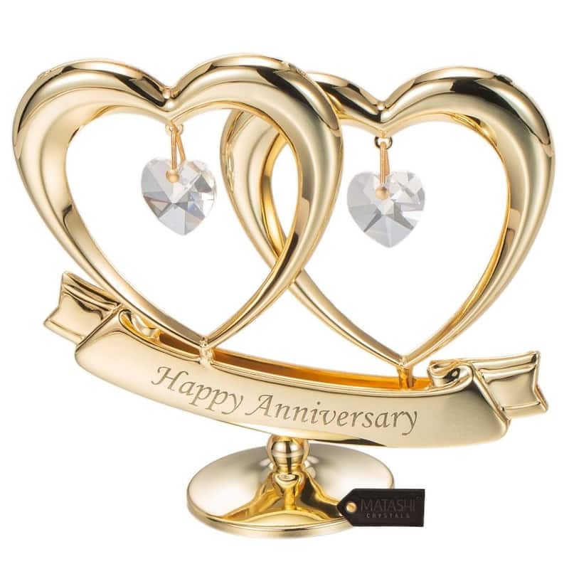 Matashi Home Decorative Tabletop Showpiece 24K Gold Plated Crystal Studded Double Heart Happy Anniversary Banner Ornament