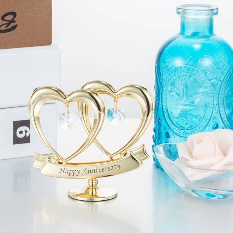 Matashi Home Decorative Tabletop Showpiece 24K Gold Plated Crystal Studded Double Heart Happy Anniversary Banner Ornament