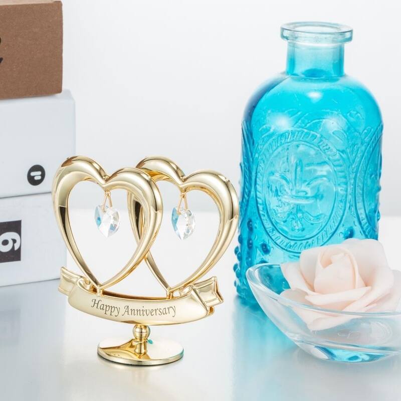 Matashi Home Decorative Tabletop Showpiece 24K Gold Plated Crystal Studded Double Heart Happy Anniversary Banner Ornament