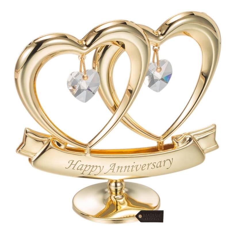 Matashi Home Decorative Tabletop Showpiece 24K Gold Plated Crystal Studded Double Heart Happy Anniversary Banner Ornament