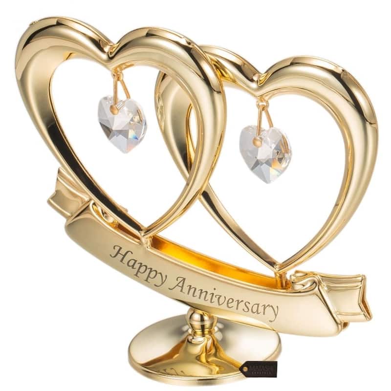 Matashi Home Decorative Tabletop Showpiece 24K Gold Plated Crystal Studded Double Heart Happy Anniversary Banner Ornament