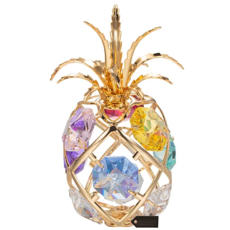 Matashi Home Decorative Tabletop Showpiece 24K Gold Plated Mini Pineapple Ornament with Colored Crystals