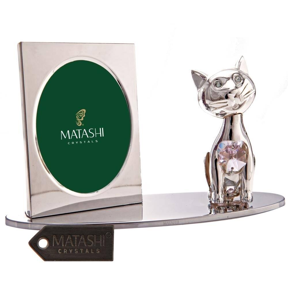 Matashi Home Office Desc Decor Silver Plated Tabletop Picture Photo Frame with Crystal Decorated Cartoon Cat Figurine on a Base