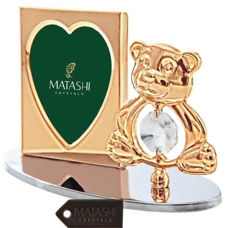Matashi Home Office Desc Decor 24k Gold Plated Tabletop Picture Photo Frame w/ Crystal Decorated Teddy Bear Figurine Silver Base