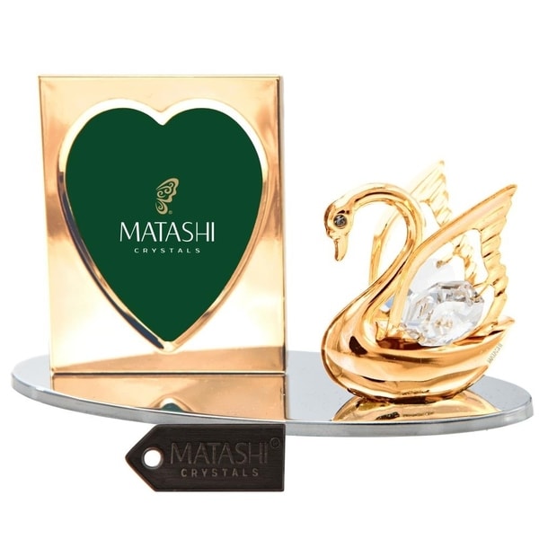 Matashi Home Office Desc Decor 24k Gold Plated Tabletop Picture Photo Frame w/ Crystal Decorated Swan Figurine on a Silver Base