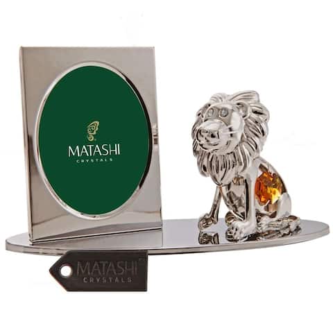 Matashi Home Office Desc Decor Silver Plated Tabletop Picture Photo Frame with Crystal Studded Cartoon Lion Figurine on a Base