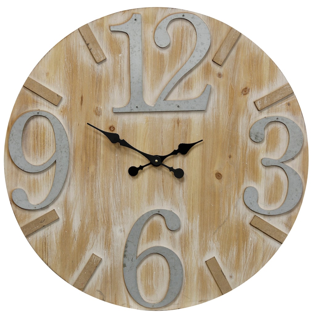 StyleCraft Weathered Matte Round Wood Wall Clock with Large Metal Numbers