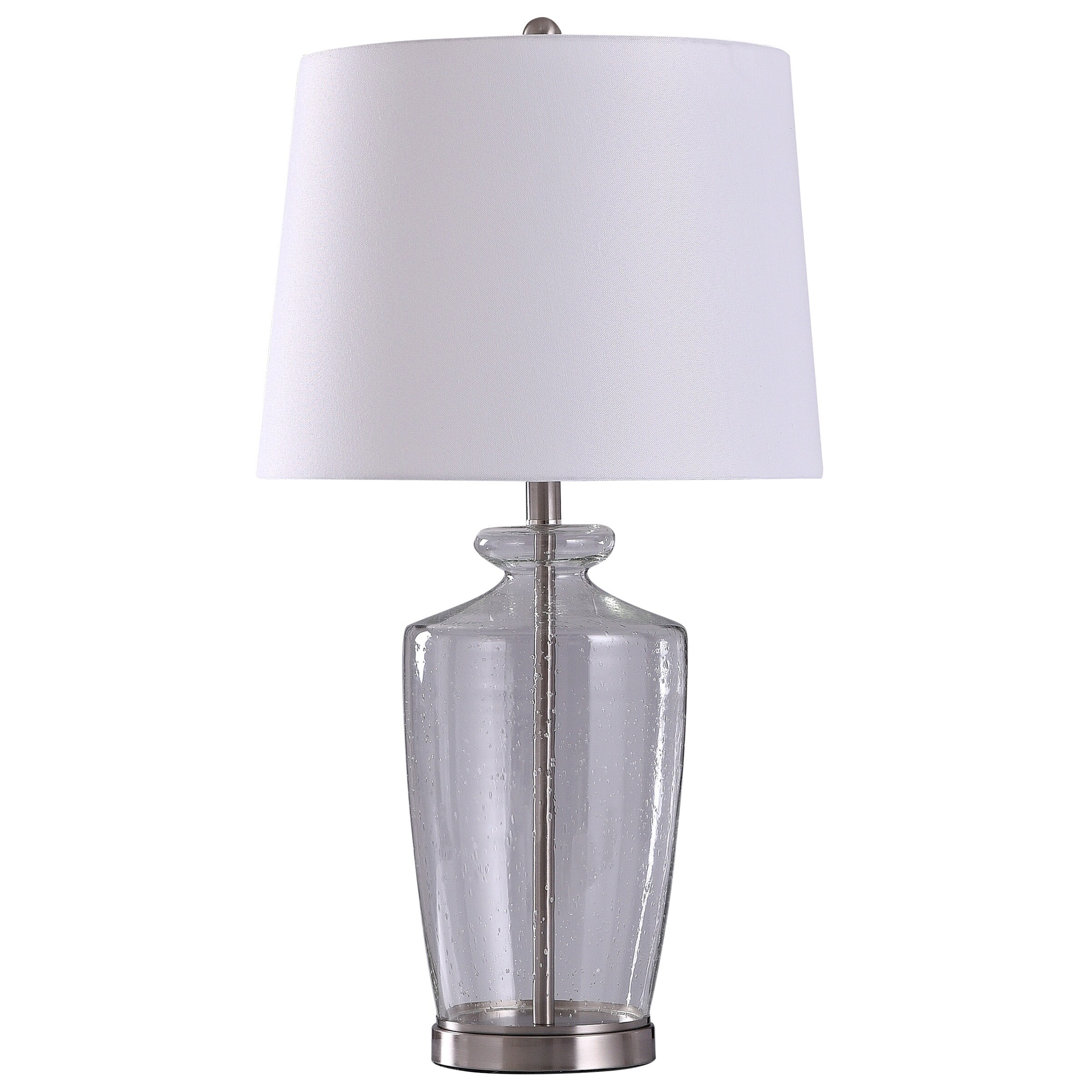 Shop Stylecraft Silver With Clear Seeded Glass Table Lamp With White Tapered Drum Shade Overstock 30297690