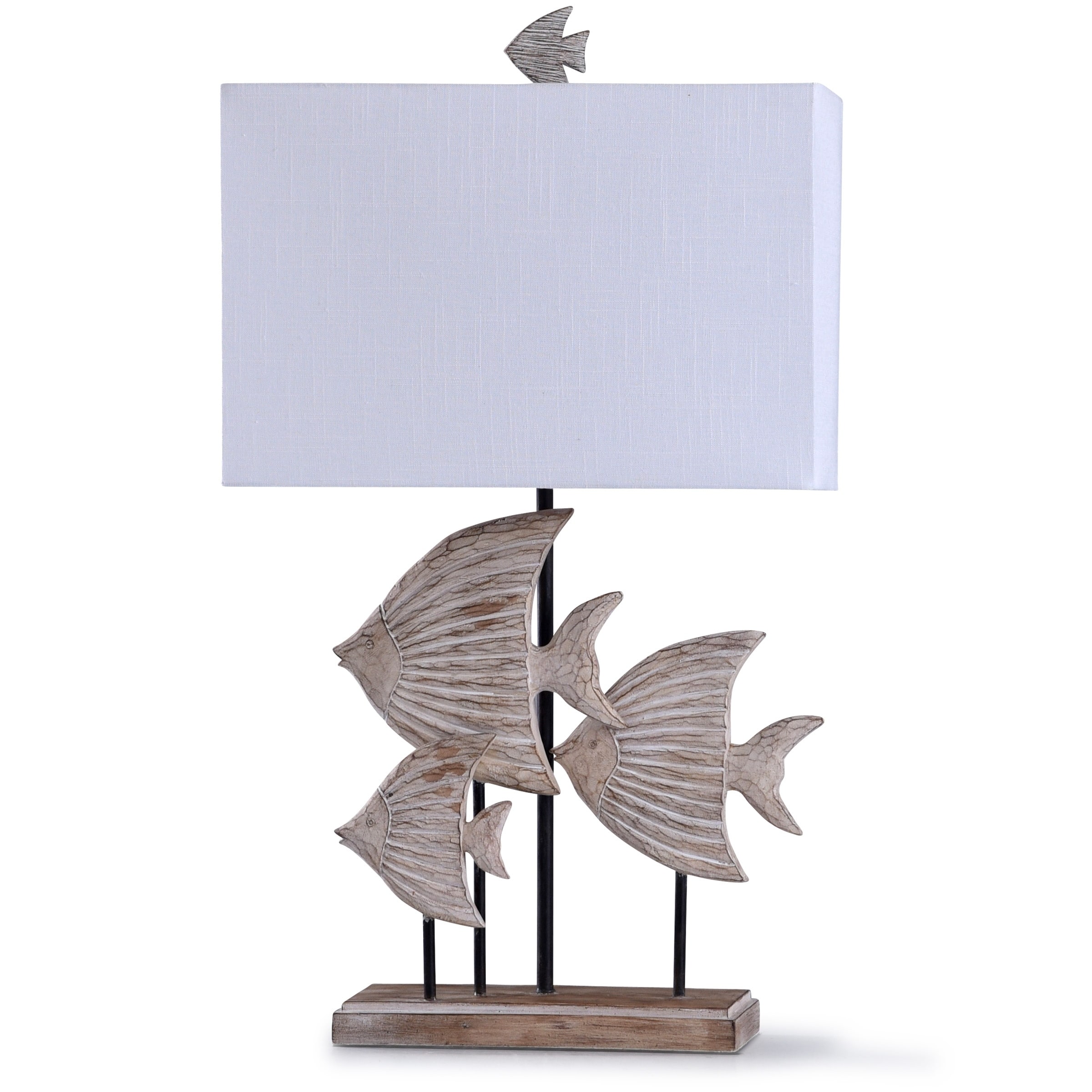 Rona Weathered Beige And Wood Carved Fishes Table Lamp With A White Rectangle Shade