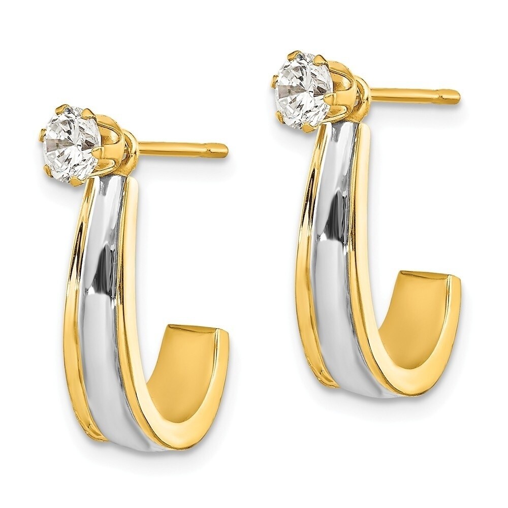 Real 14kt Two-tone J Hoop with CZ Stud Earring Jackets