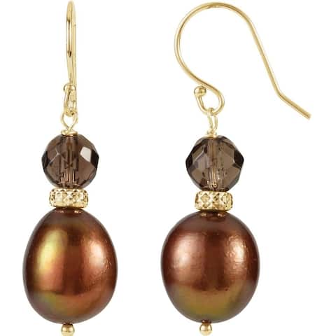 Curata 14k Yellow Gold Smoky Quartz and Choc Pearl Polished Earrings
