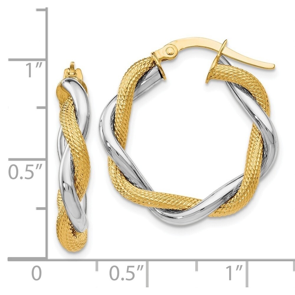 14K Two-tone Polished and Textured Post Hoop Earring