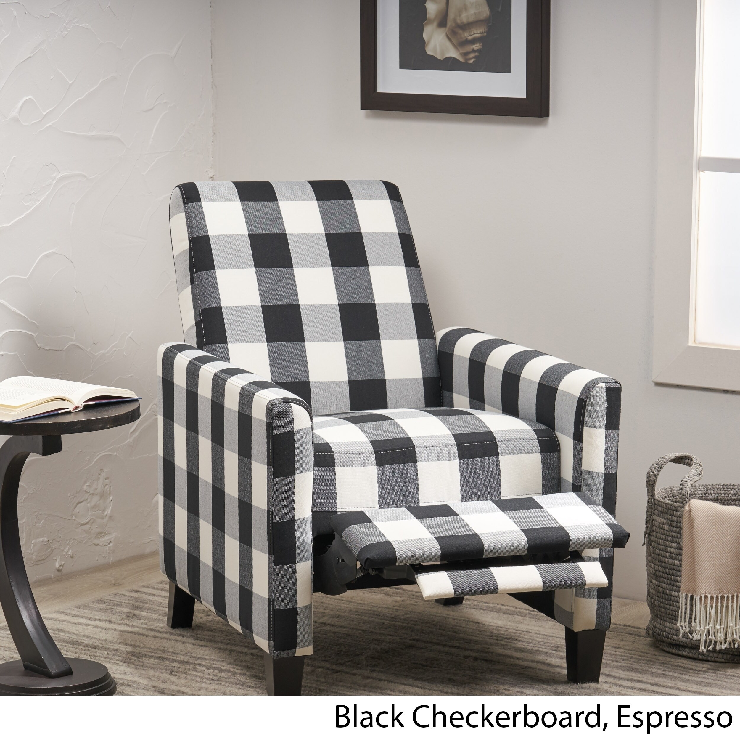 gray and white buffalo check recliner