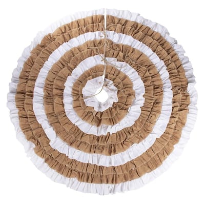 48-Inch Linen Christmas Tree Skirt with Ruffled, White Natural Brown, Classic