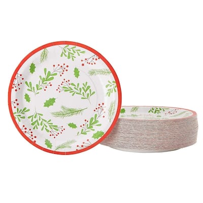 80-Pack Disposable Plate, Xmas Party Supplies, Holly Berry and Leaves Design, 9"