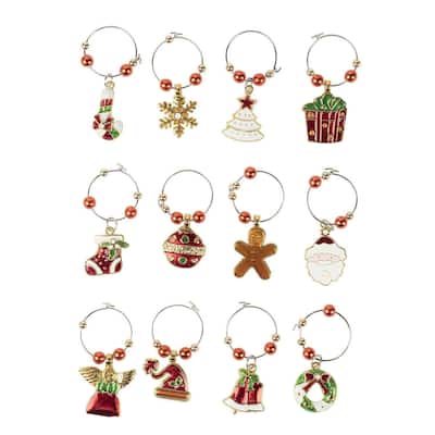 12-Pack Wine Glass Charms, Christmas Themed Wine Glass Markers, Wine Glass Tags