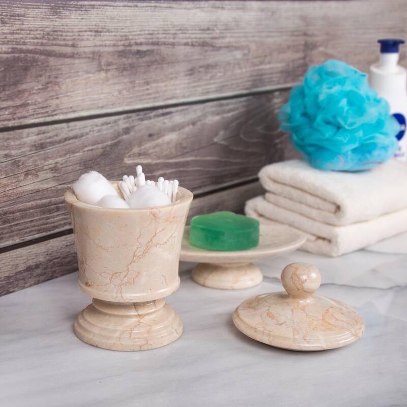 Creative Home Pedestal Collection Champagne Marble Cotton Ball Swab Holder, Bathroom Storage Jar - Beige