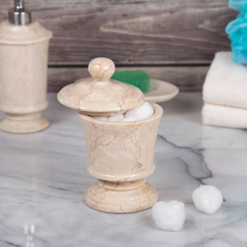 Creative Home Pedestal Collection Champagne Marble Cotton Ball Swab Holder, Bathroom Storage Jar - Beige