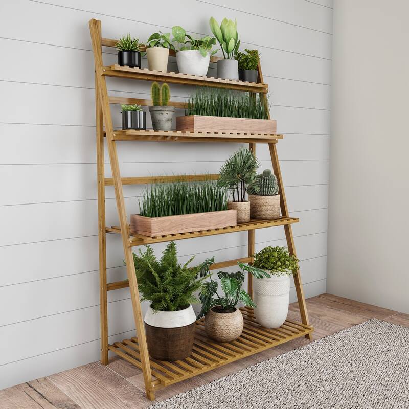 Ladder Plant Stand-4 Tier Freestanding Bamboo Storage Shelf by Pure Garden - 31.5 x 16.75 x 48