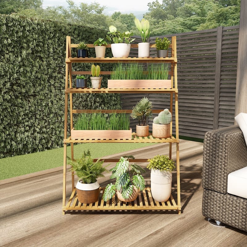 Ladder Plant Stand-4 Tier Freestanding Bamboo Storage Shelf by Pure Garden - 31.5 x 16.75 x 48