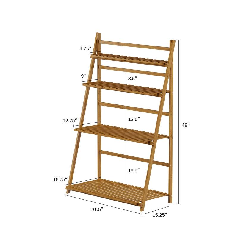 Ladder Plant Stand-4 Tier Freestanding Bamboo Storage Shelf by Pure Garden - 31.5 x 16.75 x 48