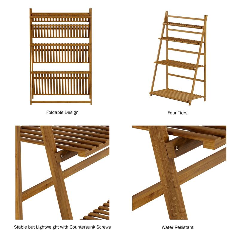 Ladder Plant Stand-4 Tier Freestanding Bamboo Storage Shelf by Pure Garden - 31.5 x 16.75 x 48