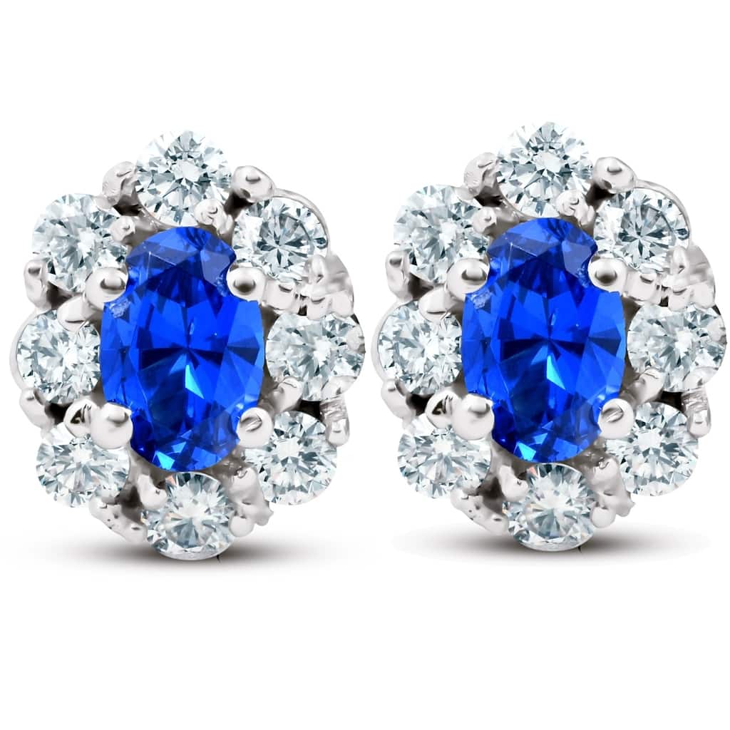 Bliss Diamond 3.10 Ct Blue Sapphire & Diamond Halo Studs 14k White Gold Lab Grown