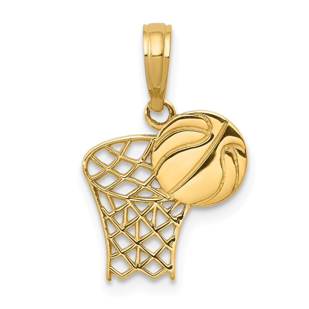 14k Yellow Gold Polished Textured back Basketball Pendant Necklaces Women