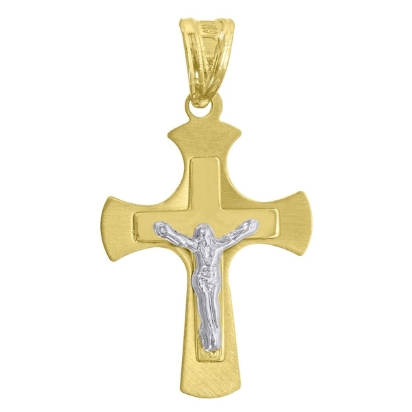 14k Two-tone Gold Religious Charm Pendant Diamond Cut Cross With White Fleur-de